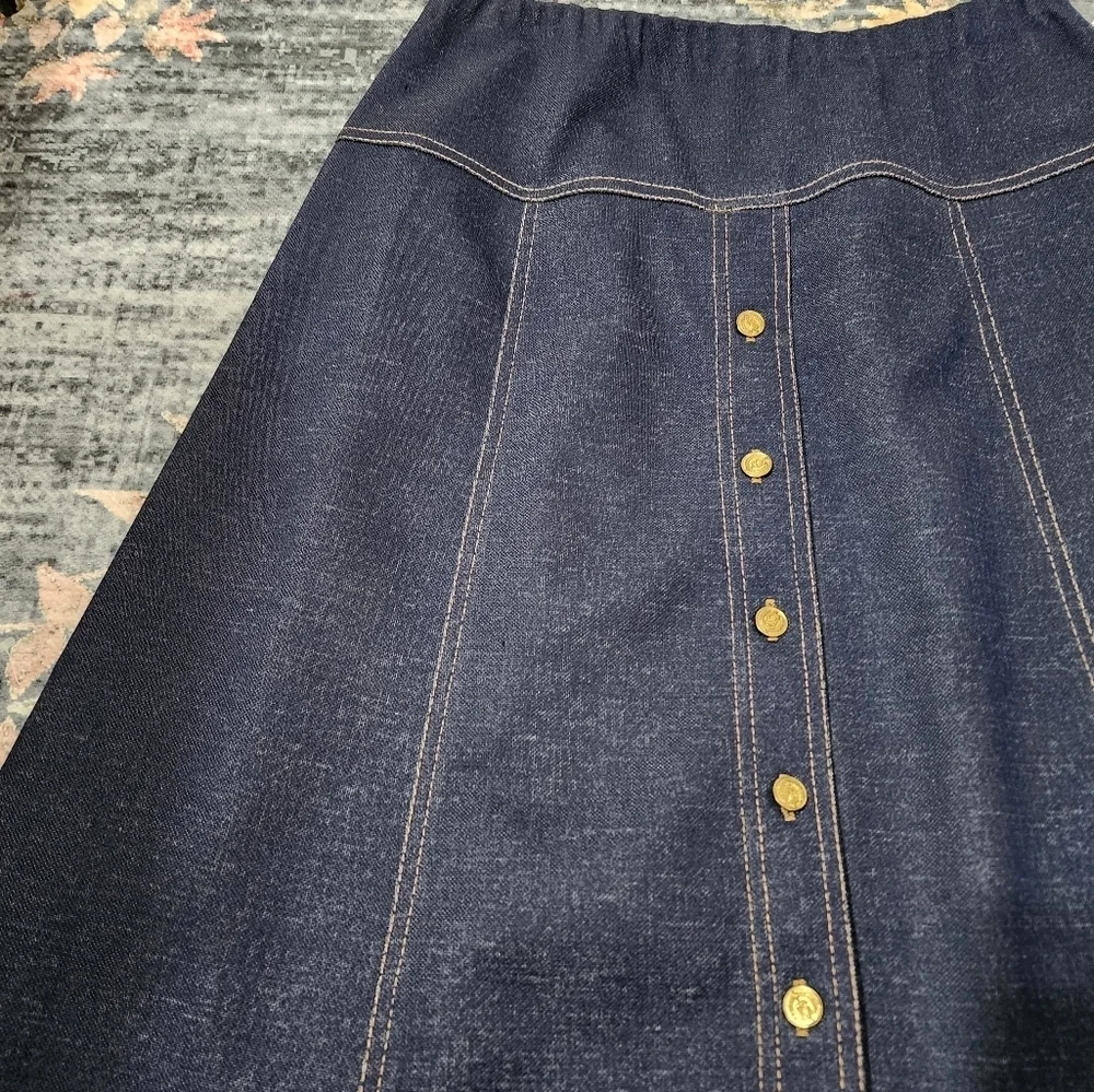 Vintage Graff Californiawear Blue Faux Denim A-Line Midi Skirt